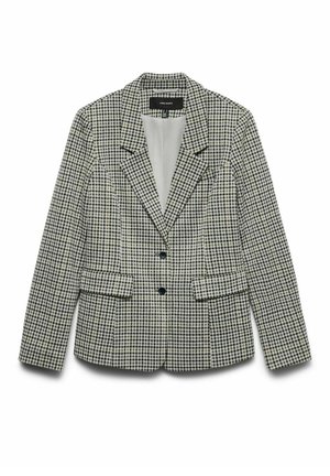 Blazer a cuadros en blanco y negro con solapas de muesca, dos bolsillos frontales y cierre de botón; tela texturizada con un ajuste entallado.