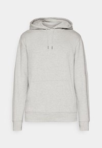 Light gray hoodie with a front pocket, drawstring hood, ribbed cuffs, and hem. Made of soft material with a smooth texture.