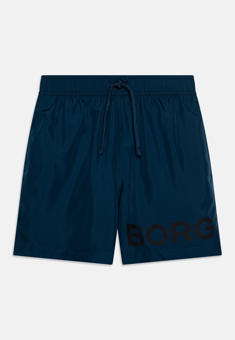 Námornícke modré plavky s elastickým pásom a šnúrkou na stiahnutie. Čierne logo "BORG" v dolnom ľavom rohu. Hladký, ľahký materiál.
