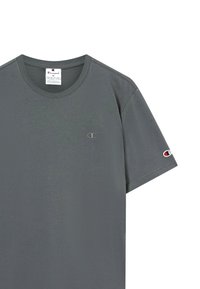 Graues Baumwoll-T-Shirt mit Rundhalsausschnitt, kurzen Ärmeln, gesticktem Logo auf der Brust und einem zusätzlichen Logo auf dem Ärmel.