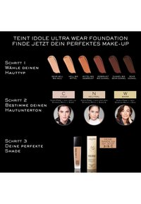 Lancome Teint Idole Ultra Wear Foundation utvalgsguide. Viser ulike foundationnyanser med tilsvarende modellhudtoner og undertoner.