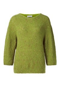 Groene trui met structuur, losse pasvorm, brede halslijn en driekwartmouwen. Materiaal lijkt gebreid met bruine spikkels erdoorheen.