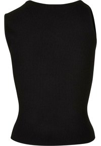 Svart ribbet ermeløs topp med rund hals, tettsittende fasong og myk tekstur som fremhever et minimalistisk design.