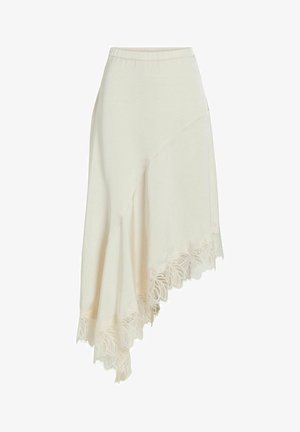 Jupe asymétrique crème avec bordure en dentelle le long de l'ourlet, dotée d'une taille lisse et d'un design fluide et superposé.