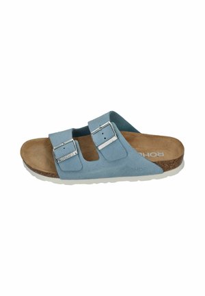 Light blue slide sandal with two adjustable silver buckles, brown cushioned footbed, cork midsole, and white outsole.