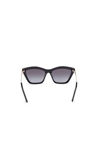 Mustat kissankonttisunglasses, joissa on harmaat liukuvärjätyt linssit, kiiltävä musta muovikehys ja kultasävyiset metallikoristeet temppeleissä.