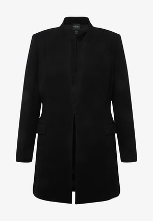 Schwarze taillierte Blazerjacke mit hohem Kragen, geradem Schnitt und seitlichen Taschen. Hergestellt aus glattem Stoff mit einem klaren, minimalistischen Design.