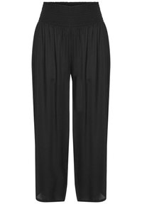 Black lightweight pants with a smocked waistband, relaxed fit, cropped length, and smooth texture. No visible patterns or hardware details.