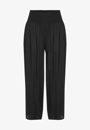 Black lightweight pants with a smocked waistband, relaxed fit, cropped length, and smooth texture. No visible patterns or hardware details.