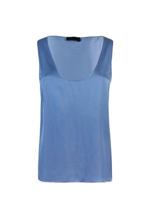 Top blu senza maniche con scollatura a barchetta, realizzato in tessuto liscio con una leggera lucentezza, con orlo dritto e senza decorazioni.