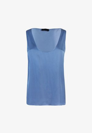 Top blu senza maniche con scollatura a barchetta, realizzato in tessuto liscio con una leggera lucentezza, con orlo dritto e senza decorazioni.