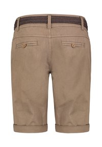 Tan shorts with a woven brown waistband, featuring two back pockets with button closures and rolled hem. Smooth fabric texture.