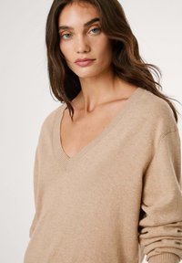 Bež pulover s V-izrezom, izdelan iz mehkega pletenega materiala, s profiliranimi detajli ob izrezu in manšetah. Dolgi rokavi in sproščen kroj.
