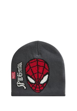 Berretto lavorato a maglia grigio con un design della maschera di Spider-Man rosso e nero sul davanti. Include il testo "SPIDER-MAN" in bianco e nero.