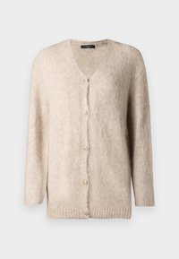 Cardigan bej deschis, realizat dintr-un material moale și pufoșel. Include un decolteu în V, mâneci lungi și șase nasturi decorativi aurii pe față.