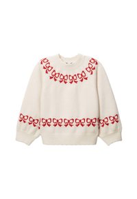 Pull crème avec des motifs de nœuds rouges le long de l'encolure et de l'ourlet. Présente des manches longues légèrement bouffantes et un col côtelé.