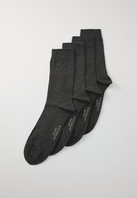 Four pairs of dark gray socks featuring a ribbed texture, with a smooth finish and reinforced toe area. Each sock has subtle branding on the side.