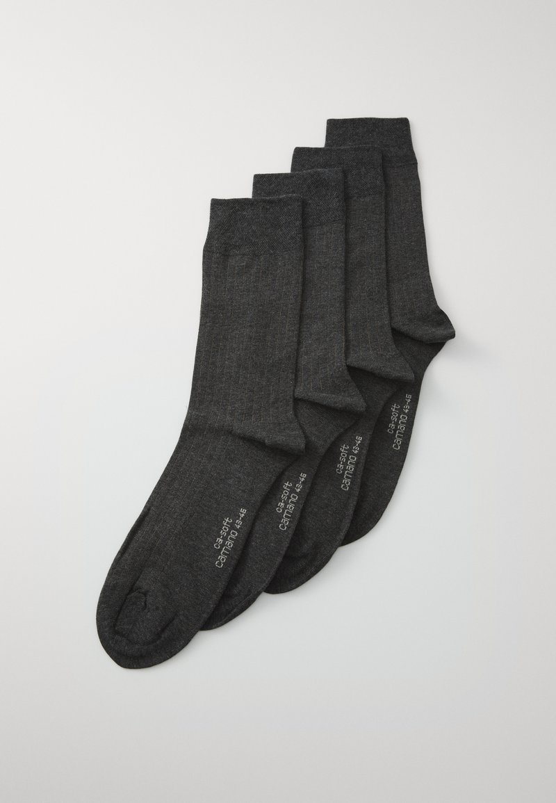 Four pairs of dark gray socks featuring a ribbed texture, with a smooth finish and reinforced toe area. Each sock has subtle branding on the side.