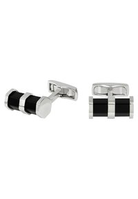 Cufflinks i silverfärg med växlande svart emalj och silverdetaljer i en cylindrisk design med hexagonala ändar.