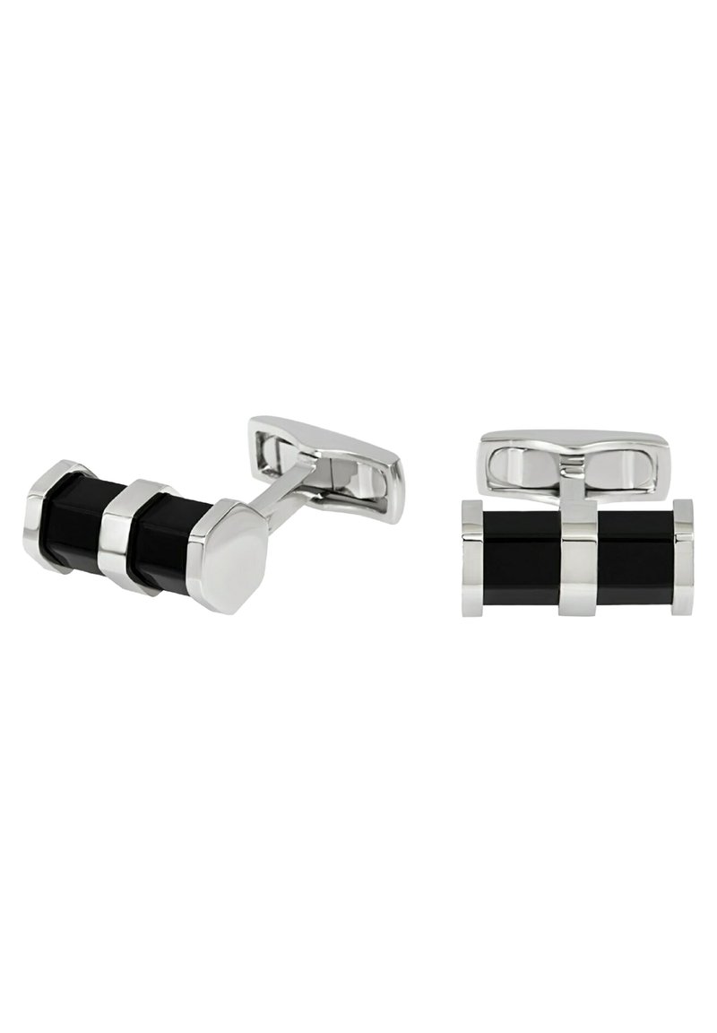 Cufflinks i silverfärg med växlande svart emalj och silverdetaljer i en cylindrisk design med hexagonala ändar.