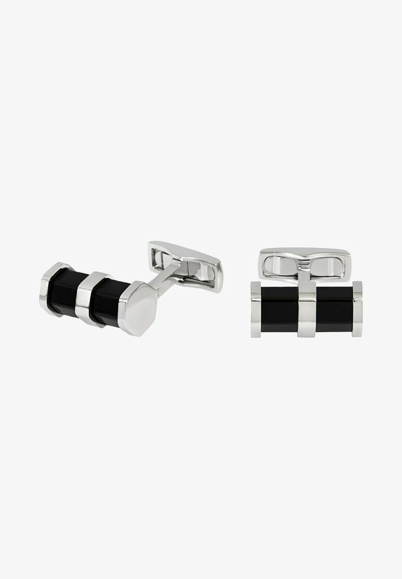 Cufflinks i silverfärg med växlande svart emalj och silverdetaljer i en cylindrisk design med hexagonala ändar.