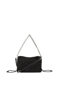 Sac à main noir avec une surface texturée, présentant un design en perles, une chaîne et une sangle en cuir ajustable, ainsi qu'une fermeture zippée.