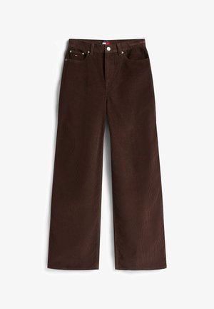 Brune fløjl bukser med brede ben, der har en knaplukning, forlommer og en mærket talje. Struktureret med lodrette ribbede linjer.