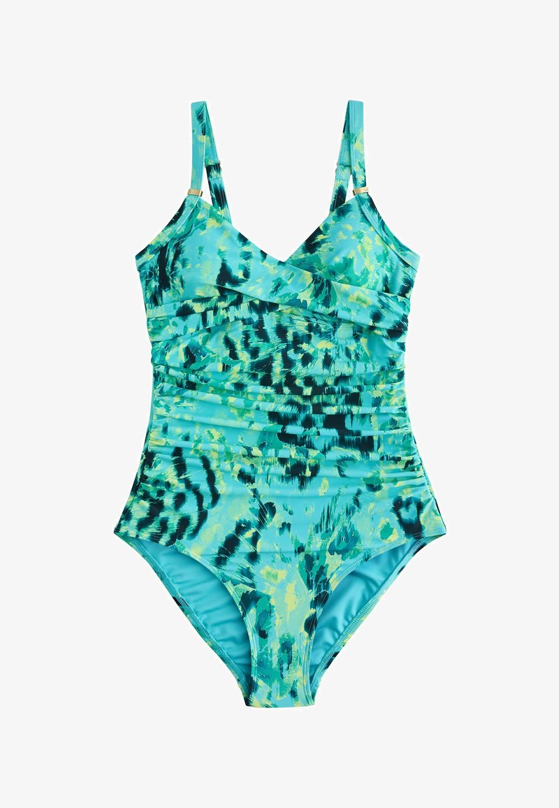 Maillot de bain une pièce turquoise avec bretelles réglables et motif animalier abstrait noir et jaune-vert.