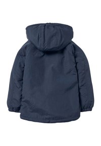 Mörkblå huvjacka med mjuk yta, elastiska ärmslut och rundad nederkant. Enkelt design lämplig för avslappnad användning. Inga synliga knäppningar.