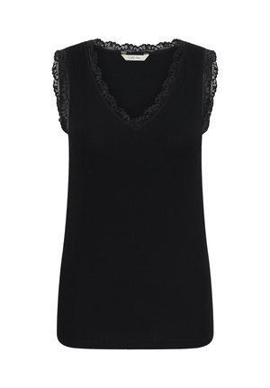 Črna brezrokavnik z V-izrezom, okrašen z čipkastim robom ob izrezu in pod pazduhami.