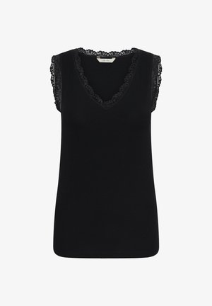Top nero senza maniche con scollo a V, rifinito con pizzo lungo lo scollo e le aperture per le braccia.