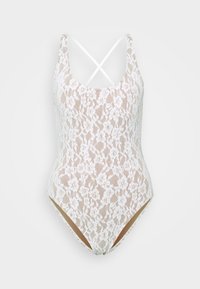 Hvid blonde svømmedragt med blomsterprint, som har en scoop-udskæring, højt skårne benåbninger og krydsede stropper på ryggen.