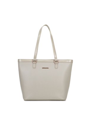 Beige leather tote bag with two shoulder straps and a small rectangular metal logo plaque on the front center.