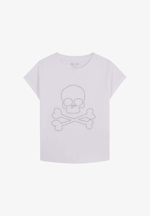 Witte katoenen T-shirt met een design van een doodskop en gekruiste benen, gemaakt van kleine metalen studs, korte mouwen en een ronde halslijn.