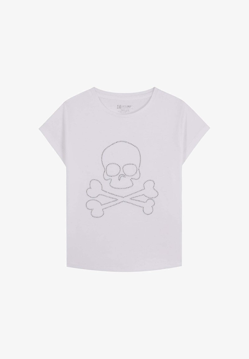 Weißes Baumwoll-T-Shirt mit einem Totenkopf- und gekreuzten Knochen-Design aus kleinen metallischen Nieten, kurzen Ärmeln und einem runden Halsausschnitt.
