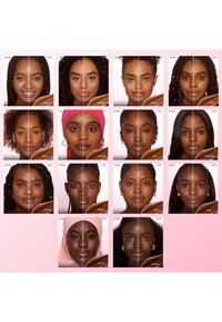 Sechs Reihen von Porträtaufnahmen, die vielfältige Personen zeigen, beschriftet mit "vorher" und "nachher" für verschiedene Farbtöne, einschließlich Honig, Karamell und Kakao.