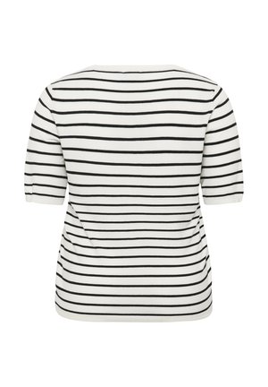 Top de manga corta a rayas con rayas horizontales en negro y blanco, cuello redondo y silueta ajustada con una textura suave.
