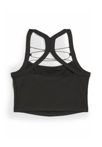 Reggiseno sportivo nero con orlo arrotondato e un design a spalline incrociate sul retro. Realizzato in materiale liscio ed elasticizzato.