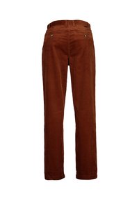 Fløjlsbukser i rig orangebrun farve, med lige snit. Har teksturerede lodrette riller, to baglommer og metal knapdetaljer.