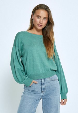 Maglione verde con una vestibilità comoda, maniche lunghe e larghe, e orlo ribattuto. Indossato con jeans azzurri chiari, caratterizzati da uno stile classico e una trama sottile.