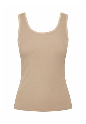 Beżowy prążkowany top bez rękawów z dekoltem w łódkę i dopasowanym krojem, przedstawiony na jednolitym białym tle.