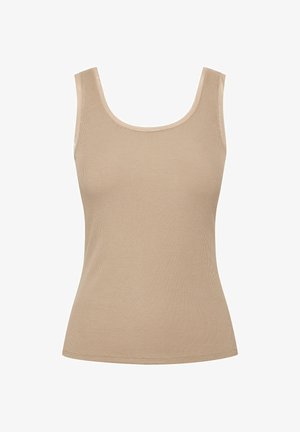 Beżowy prążkowany top bez rękawów z dekoltem w łódkę i dopasowanym krojem, przedstawiony na jednolitym białym tle.