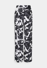 Svartvita vida byxor med ett abstrakt grafiskt mönster. Elastisk midja, mjuk textur och rak silhuett.