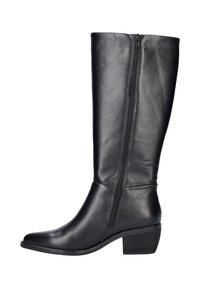 Bottes noires en cuir arrivant au genou, avec une fermeture éclair latérale, un talon carré, une pointe pointue et une texture lisse. Design minimaliste sans embellissements.