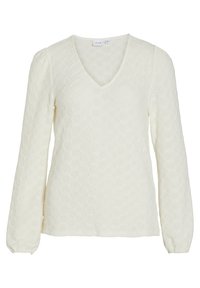 Haut à manches longues blanc avec un col en V, présentant un motif texturé en nid d'abeille et des poignets froncés. Confectionné dans un tissu léger et doux.