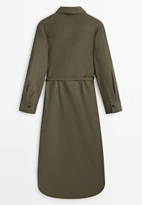 Robe verte olive à manches longues avec col, taille cintrée et poignets à boutons. Présente une coupe droite et un ourlet légèrement arrondi.