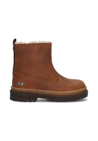 Bruine leren enkelboot met een gestructureerd oppervlak, een gezellige voering en een rubberen zool. Beschikt over een kleine blauwe accent en een lusje voor gemakkelijk aantrekken.