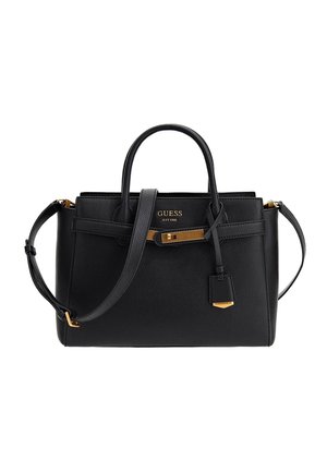 Zwarte gestructureerde leren Guess handtas met dubbele handvatten, verstelbare schouderriem, gouden sluiting en logo-details aan de voorkant.