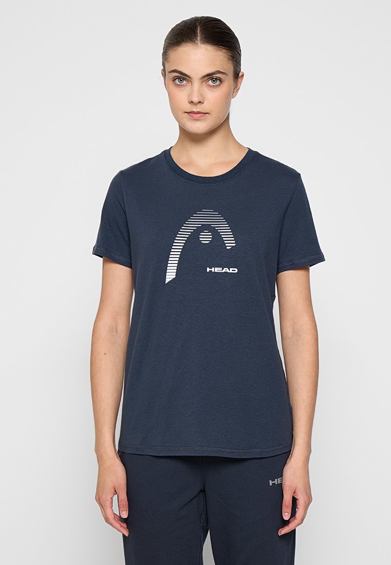 T-shirt en coton bleu marine à manches courtes, col rond, ornée d'un logo rayé blanc et du nom de la marque "HEAD" au centre.