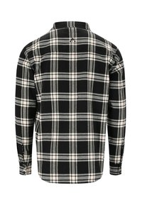 Langarm flanellen overhemd, zwart-wit geruit patroon, button-down kraag, gestructureerde stof, achterkant met logo bij de nek en zijsplitten.